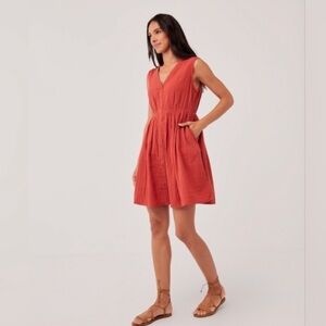 Pact Coastal Organic Cotton Double Gauze Sleeveless Red Mini Dress Pockets M